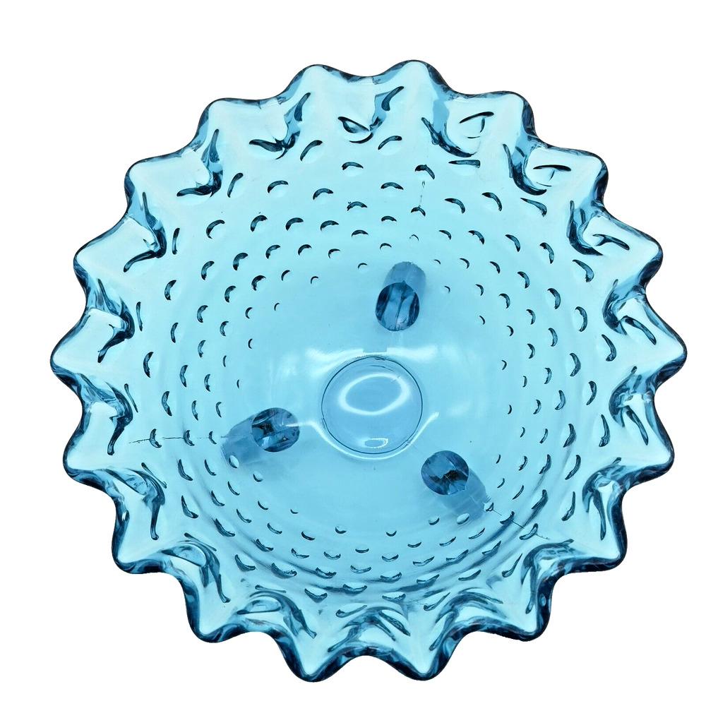 LE Smith Blue Glass Three Toed Bowl Candy Dish Hobnail Crimped Ruffled Colorful